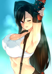  1girl 23_(real_xxiii) absurdres armpits black_hair blue_background breasts cleavage final_fantasy final_fantasy_vii from_side highres large_breasts long_hair solo tifa_lockhart very_long_hair  rating:Sensitive score:53 user:Marcerner