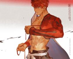  1boy abs cape clothes_in_mouth dressing emiya_shirou fate/grand_order fate_(series) highres igote japanese_clothes kalak_39 male_focus red_hair senji_muramasa_(fate) short_hair single_bare_shoulder solo toned toned_male topless_male white_cape wristband yellow_eyes 