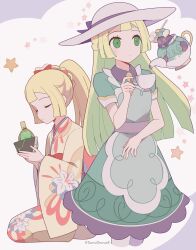  2girls 343rone absurdres apron blonde_hair creatures_(company) cup dress dual_persona floral_print_kimono game_freak gen_8_pokemon green_dress green_eyes hat highres holding holding_cup holding_spoon japanese_clothes kimono lillie_(new_year&#039;s_2021)_(pokemon) lillie_(pokemon) lillie_(special_costume)_(pokemon) long_hair long_sleeves multiple_girls nintendo pokemon pokemon_(creature) pokemon_masters_ex ponytail seiza short_sleeves sinistcha sinistea sitting spoon star_(symbol) sugar_cube teacup twitter_username white_hat wide_sleeves yellow_kimono 