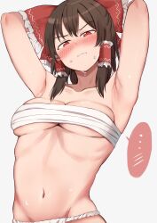 1girl absurdres armpits arms_up black_hair blush bow breasts breasts_squeezed_together clenched_teeth collarbone commentary_request embarrassed frilled_bow frilled_hair_tubes frills hair_between_eyes hair_bow hair_tubes hakurei_reimu highres looking_at_viewer medium_breasts medium_hair nagomian naked_sarashi navel nose_blush presenting_armpit red_bow red_eyes ribs sidelocks simple_background solo spoken_blush stomach sweat teeth touhou upper_body v-shaped_eyebrows white_background rating:Questionable score:44 user:danbooru
