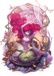  1girl ariel_(disney) armpits arms_up blue_eyes book breasts clam clock collarbone coral curly_hair disney ein_lee fins fish fish_tail flounder fork gem gold jewelry long_hair mermaid monster_girl navel necklace pendant pillow plunger red_hair seaweed sebastian_(disney) shell shell_bikini sitting solo sparkle stained_glass stomach tail teapot the_little_mermaid treasure_chest underwater vase very_long_hair  rating:Sensitive score:30 user:dmysta3000