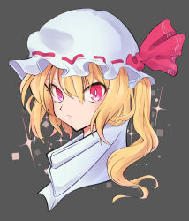  1girl blonde_hair closed_mouth flandre_scarlet from_side frown grey_background hair_between_eyes hat hat_ribbon highres looking_at_viewer medium_hair mizoreshi mob_cap one_side_up portrait red_eyes red_ribbon ribbon ribbon-trimmed_headwear ribbon_trim simple_background solo sparkle touhou v-shaped_eyebrows white_hat 