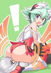  ! 1boy 1girl acura_(gunvolt) ass azure_striker_gunvolt azure_striker_gunvolt_2 bare_shoulders blue_eyes blush breasts cougar_(cougar1404) elbow_gloves embarrassed face_in_ass gloves green_hair huge_ass leotard looking_back pants red_eyes roro_(gunvolt) shiny_clothes shiny_skin short_hair sideboob silver_hair sitting sitting_on_face sitting_on_person sweatdrop thighhighs wariza wedgie  rating:Questionable score:62 user:armorcrystal