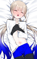 1boy absurdres black_shirt black_shorts blue_hair blue_pantyhose blush bulge captain_nemo_(fate) closed_eyes clothes_lift erection erection_under_clothes fate/grand_order fate_(series) gradient_hair highres jacket light_brown_hair long_hair long_sleeves lying male_masturbation masturbation multicolored_hair navel nemo_(fate) on_back open_mouth pants pantyhose shirt shorts solo thighs tight_clothes tight_pants two-tone_hair watosu white_jacket rating:Explicit score:34 user:danbooru