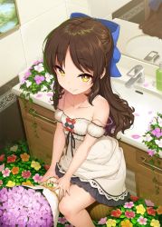 1girl bare_shoulders black_ribbon blue_bow blush bouquet bow bright_pupils brown_eyes brown_hair collarbone commentary_request detached_sleeves flower from_above hair_bow half_updo holding holding_bouquet idolmaster idolmaster_cinderella_girls indoors kirin_kakeru long_hair looking_at_viewer mirror petals puffy_detached_sleeves puffy_sleeves reflection ribbon sink sitting skirt smile solo strap_slip tachibana_arisu tile_wall tiles rating:General score:70 user:danbooru