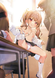3girls blush breasts classroom closed_mouth clothes_down desk female_focus hair_ornament hair_scrunchie henreader leg_lift licking_lips loli looking_at_viewer multiple_girls navel nipples no_bra on_desk open_clothes open_shirt original panties school_desk scrunchie sitting skirt small_breasts socks solo_focus tongue tongue_out twintails underwear white_socks rating:Questionable score:398 user:danbooru