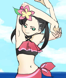  1girl aqua_eyes armpits arms_up artist_request asymmetrical_bangs beach bikini black_hair breasts child clenched_hands collarbone creatures_(company) day eyelashes female_focus flexing flower flower_on_head game_freak hair_ornament halterneck happy long_hair looking_at_viewer marnie_(pokemon) marnie_(summer_2021)_(pokemon) midriff navel neck nintendo official_alternate_costume outdoors pink_bikini pink_sarong pokemon pokemon_masters_ex sarong sky small_breasts smile standing summer swimsuit traditional_media twintails two-tone_bikini undercut  rating:Sensitive score:3 user:MAKUTAKARZAHNI
