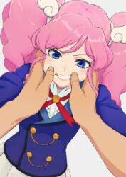  1boy 1girl aikatsu! aikatsu!_(series) amahane_madoka blue_eyes blush hands_on_another&#039;s_cheeks hands_on_another&#039;s_face looking_at_viewer mouth_pull osame pink_hair pov pov_hands school_uniform solo_focus starlight_academy_school_uniform sweatdrop teeth twintails wing_hair_ornament 