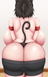  1girl animal_ears ass backboob black_hair breasts butt_crack cat_ears cat_girl cat_tail clothes_pull from_behind huge_breasts mameneko_pai original shorts shorts_pull tail topless  rating:Questionable score:17 user:TDogarooski