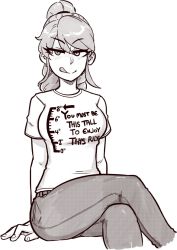 1girl breasts closed_mouth crossed_legs english_text facing_viewer hair_tie happy high_ponytail large_breasts long_hair looking_at_viewer monochrome naughty_face pants ponytail pyrrha_nikos rwby shirt short_sleeves sitting smile solo t-shirt tenk tongue tongue_out  rating:Sensitive score:82 user:sippindippin