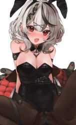  1girl animal_ears appleseed_(appleseed_art) bare_shoulders black_hair black_leotard black_pantyhose blush breasts cleavage covered_navel ear_piercing earrings fake_animal_ears fang grey_hair heart_pendant highres hololive jewelry large_breasts leotard looking_at_viewer medium_breasts multicolored_hair open_mouth pantyhose piercing playboy_bunny rabbit_ears red_eyes sakamata_chloe simple_background solo two-tone_hair virtual_youtuber white_background 