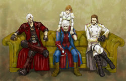 1girl 3boys boots brown_hair capcom coat couch credo crossed_legs dante_(devil_may_cry) devil_may_cry devil_may_cry_(series) devil_may_cry_4 dress fingerless_gloves gloves ino_(pixiv685480) kyrie long_hair multiple_boys nero_(devil_may_cry) orange_hair pants ponytail short_hair sitting trench_coat white_hair wristband