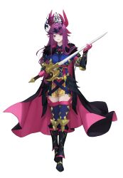  1girl absurdres alear_(female)_(fire_emblem) alear_(fire_emblem) armor cape cosplay fascinator female_focus fire_emblem fire_emblem_engage full_body highres holding holding_sword holding_weapon ivy_(fire_emblem) matching_hair/eyes nintendo purple_eyes purple_hair ritence see-through_headwear smile solo sword weapon 