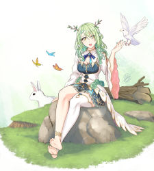  absurdres anklet antlers barefoot bird braid braided_bangs ceres_fauna crossed_ankles crossed_legs dove dress feet flower forest green_flower green_hair highres hololive hololive_english horns jewelry legs mole mole_under_eye nature rose single_braid sitting soles solo toeless_legwear virtual_youtuber white_dress  rating:Sensitive score:19 user:danbooru