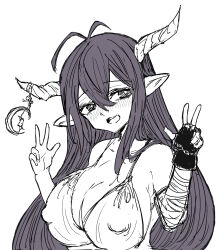  1girl bandaged_arm bandages breasts cleavage danua draph granblue_fantasy horns huge_breasts jewelry large_breasts long_ears long_hair looking_to_the_side monochrome mumunchi open_mouth purple_hair short_gloves sketch smile solo tagme white_background 