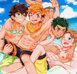  4boys armpits bandana_around_neck blush brown_hair camp_buddy day goggles goggles_around_neck green_eyes green_hair guinneson_cb hair_ornament hairclip hiro_akiba jewelry keitaro_nagame male_focus male_swimwear multiple_boys muscular muscular_male necklace nipples ocean one_eye_closed orange_eyes orange_hair partially_submerged pectorals shota tongue tongue_out topless_male wet wink yaoi  rating:Sensitive score:10 user:TickTack