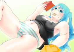  1girl aqua_eyes aqua_hair book breasts chips_(food) covered_erect_nipples eating food hatsune_miku long_hair lying medium_breasts navel on_back panties plump reading solo striped_clothes striped_panties underwear vocaloid  rating:Questionable score:11 user:Spiral-pegacion