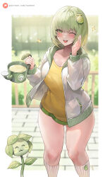  1girl ;d blurry blurry_background blush blush_stickers breasts character_request cleavage commentary_request depth_of_field feet_out_of_frame flower food-themed_hair_ornament green_eyes green_hair hair_between_eyes hair_ornament hands_up highres holding jacket kneehighs large_breasts long_sleeves looking_at_viewer melon_hair_ornament one_eye_closed open_clothes open_jacket open_mouth puffy_long_sleeves puffy_sleeves ribbed_socks shirt short_hair smile socks solo sparkle standing suou-sensei trickcal watering_can watermark web_address white_jacket white_socks yellow_shirt 