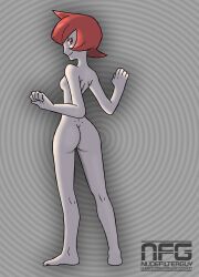 1girl ahoge artist_name ass back barefoot breasts clenched_hands collarbone completely_nude creatures_(company) dimples_of_venus evil_smile feet female_focus from_behind game_freak grey_background hair_between_eyes half-closed_eyes hands_up highres legs looking_at_viewer looking_back mars_(pokemon) matching_hair/eyes medium_hair multiple_views navel neck nilterguy nintendo nude nude_filter official_art_nude_filter pokemon pokemon_dppt profile red_eyes red_hair shoulder_blades sideboob sidelocks small_breasts smile standing team_galactic thighs third-party_edit toenails toes turnaround turning_head unworn_clothes 