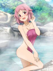  1girl :d absurdres arm_up blush breasts cleavage collarbone commentary_request completely_nude feet_out_of_frame highres lisbeth_(sao) looking_at_viewer medium_breasts medium_hair mysteryctu naked_towel nude onsen open_mouth outdoors paid_reward_available pink_hair pink_towel red_eyes smile solo standing standing_on_one_leg steam sword_art_online towel tree water wet 