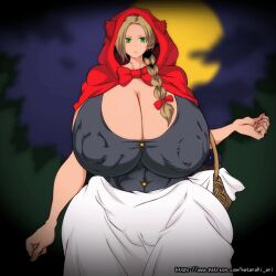  1girl animated animated_gif big_bad_wolf bouncing_breasts breasts cleavage clothing_removed exclamation_mark gigantic_breasts hataraki_ari hood imminent_penetration large_areolae large_nipples little_red_riding_hood night night_sky parra sky torn_clothes wide_hips 