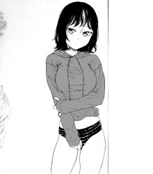  1girl absurdres bad_id bad_pixiv_id black_hair breasts dende_(dndn222) greyscale highres holding_own_arm hood hoodie large_breasts looking_at_viewer medium_hair midriff monochrome no_pants original panties scan scan_artifacts solo standing striped_clothes striped_panties traditional_media underwear 