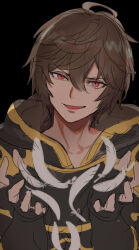  1boy ahoge armor black_background breastplate commentary_request empty_eyes evil_smile falling_feathers feathers fingerless_gloves gesugao gloves granblue_fantasy hair_between_eyes holding holding_feather hood hood_down looking_at_viewer male_focus red_eyes sandalphon_(granblue_fantasy) short_hair smile solo tekki_(tki) upper_body white_feathers 