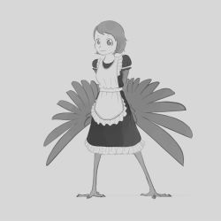  1girl alternate_hairstyle apron bird_legs crowanon crowgirl dress feathered_wings feathers frilled_apron frilled_dress frills greyscale harpy maid monochrome monster_girl original short_hair solo source_request talons winged_arms wings 
