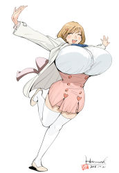  10s 1girl 2016 :d ^_^ bouncing_breasts breasts brown_hair bursting_breasts buttons closed_eyes coat dated dress full_body gigantic_breasts hair_ornament hairclip haruoh highres leg_lift leg_up legs long_sleeves narusawa_ryouka occultic;nine open_clothes open_coat open_mouth outstretched_arms pink_dress shirt shoes short_dress short_hair signature simple_background smile solo spread_legs standing standing_on_one_leg thighhighs thighs white_background white_coat white_shirt white_thighhighs zettai_ryouiki  rating:Sensitive score:44 user:danbooru