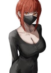  1girl black_dress black_mask braid braided_ponytail breasts chainsaw_man cleavage dress highres large_breasts long_sleeves looking_at_viewer makima_(chainsaw_man) mask mouth_mask raberu_ruru red_hair ringed_eyes solo tight_clothes tight_dress white_background yellow_eyes 