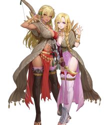  2girls abs armor blonde_hair blue_eyes boots bow_(weapon) breasts brown_thighhighs cleavage dagger dark-skinned_female dark_skin earrings ekao fire_emblem fire_emblem:_the_binding_blade fire_emblem:_the_blazing_blade fire_emblem_heroes foot_armor hair_ornament highleg highres igrene_(fire_emblem) igrene_(sworn_protector)_(fire_emblem) jewelry knife large_breasts lipstick long_hair looking_at_viewer louise_(fire_emblem) louise_(sworn_protector)_(fire_emblem) makeup medium_breasts multiple_girls navel necklace nintendo non-web_source official_alternate_costume official_art pelvic_curtain red_lips red_thighhighs shield shield_on_back smile tachi-e tassel tassel_hair_ornament thigh_boots thighhighs toeless_footwear toeless_legwear waving weapon 