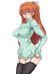 1girl :o alternate_breast_size ao_madoushi black_thighhighs blue_eyes blush breasts covered_navel eyebrows female_focus garter_straps hair_between_eyes hair_ornament highres impossible_clothes large_breasts long_hair looking_at_viewer neon_genesis_evangelion open_mouth orange_hair ribbed_sweater simple_background skin_tight solo souryuu_asuka_langley sweat sweater thighhighs turtleneck white_background zettai_ryouiki rating:Sensitive score:74 user:danbooru