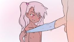  1boy 1girl asymmetrical_hair blush_stickers chloe_von_einzbern completely_nude condom condom_on_penis condom_pull dark-skinned_female dark_skin erection fate/kaleid_liner_prisma_illya fate_(series) flat_chest hair_bobbles hair_ornament hand_on_own_chin highres large_penis loli looking_at_penis nude penis pink_eyes pink_hair powerofsin side_ponytail smirk smug stroking_own_chin swept_bangs testicles thinking uncensored upper_body  rating:Explicit score:140 user:Atom