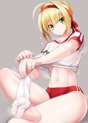 1girl ahoge ass blonde_hair blush bra bra_visible_through_clothes braid bread breasts buruma closed_mouth clothes_pull commentary_request cowboy_shot crop_top fate/grand_order fate_(series) feet flag food french_braid from_side green_eyes grey_background gym_shirt gym_uniform hair_between_eyes hair_bun hair_intakes hairband headband highres holding holding_flag leaning_forward looking_at_viewer looking_back medium_breasts mouth_hold name_tag nero_claudius_(fate) nero_claudius_(fate)_(all) nero_claudius_(fate/extra) nero_claudius_(olympian_bloomers)_(fate) no_bra no_shoes official_alternate_costume one_eye_closed open_mouth pulling_own_clothes red_bra red_buruma ruton-niki see-through shirt short_sleeves sidelocks simple_background single_hair_bun single_sock sitting smile socks soles solo sweat t-shirt thighs tied_shirt toes towel tsurime underwear white_background white_shirt rating:Sensitive score:103 user:danbooru