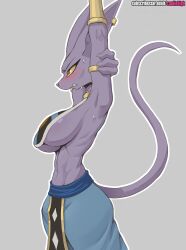  2022 absurdres animal_ears artist_name beerus black_pupils blush breasts cat cat_ears cat_girl cat_tail colored_sclera colored_skin cooliehigh genderswap dragon_ball dragon_ball_super ear_piercing earrings furry furry_female genderswap genderswap_(mtf) gold_bracelet grey_background highres jewelry large_breasts piercing purple_skin raised_arms ring_piercing sideboob simple_background solo solo_focus sphynx_(cat) subscribestar_username sweat tail text_focus underboob wide_hips yellow_eyes yellow_sclera  rating:Questionable score:40 user:Gffdrdsss@gmail.com