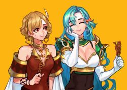  2girls absurdres armor blonde_hair blue_hair breasts chloe_(fire_emblem) citrinne_(fire_emblem) cleavage closed_eyes closed_mouth earrings elbow_gloves feather_hair_ornament feathers fire_emblem fire_emblem_engage food gloves hair_ornament hair_ribbon highres holding holding_food hoop_earrings jewelry large_breasts long_hair medium_breasts multiple_girls nintendo red_eyes ribbon sethkiel short_hair white_gloves  rating:Sensitive score:8 user:danbooru
