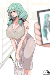  1girl 1other absurdres aged_up aqua_hair arm_tattoo artist_name bag blurry blurry_foreground breasts brown_dress cellphone cleavage commentary cowboy_shot dress english_commentary grocery_bag hair_over_shoulder half-closed_eyes hatsune_miku highres holding holding_phone huge_breasts indoors jewelry long_hair looking_at_viewer low-tied_long_hair low_twintails majinmallow mature_female necklace phone plastic_bag pov shopping_bag smartphone solo_focus spring_onion tattoo twintails vocaloid 