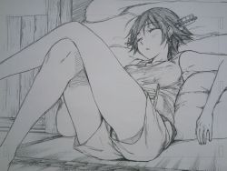  10s 1girl alternate_costume armpits closed_eyes flipped_hair greyscale hairband hiei_(kancolle) highres kantai_collection kojima_takeshi crossed_legs lying monochrome on_back open_mouth parted_lips short_hair shorts sketch sleeping sleepwear solo tank_top  rating:Sensitive score:8 user:danbooru