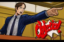  1boy absurdres ace_attorney better_call_saul blue_eyes blue_jacket blue_necktie blue_suit breaking_bad brown_hair commentary_request formal highres jacket letterboxed ma2_ereki male_focus necktie objection parody pointing saul_goodman solo suit sweat underwear 