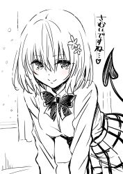  1girl bow commentary_request demon_tail eyelashes greyscale hair_ornament hairclip happy highres looking_at_viewer momo_velia_deviluke monochrome official_art school_uniform shirt short_hair sketch skirt smile solo tail to_love-ru to_love-ru_darkness translation_request yabuki_kentarou 