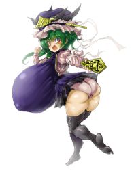  1girl 2b-ge angry ass breasts feet frilled_hat frills gigantic_breasts green_hair hat highres open_mouth panties shiki_eiki skirt solo tagme thighhighs touhou underwear  rating:Explicit score:14 user:BreadMastaDudeManGuyPerson21