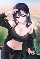  1girl absurdres arm_up armpits bare_shoulders black_hair black_jacket black_pants black_shirt breasts buttons camisole cleavage closed_mouth collarbone cowboy_shot crop_top day ear_piercing earrings highres jacket jewelry large_breasts lebring long_hair long_sleeves looking_at_viewer midriff navel off_shoulder open_clothes open_jacket original outdoors pants photo_background piercing purple_eyes shading_eyes shirt sidelocks sleeveless sleeveless_shirt smile solo standing stomach thigh_gap very_long_hair 