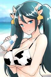  1girl animal_ears animal_print arm_under_breasts bikini blue_eyes blue_hair blurry blurry_background blush bottle breasts cow_ears cow_horns cow_print cow_print_bikini ear_tag fake_animal_ears fake_horns furaggu_(frag_0416) highres holding holding_bottle horns isuzu_(kancolle) kantai_collection large_breasts long_hair looking_at_viewer milk_bottle print_bikini solo swimsuit twintails upper_body 