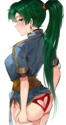 1girl ass ass_cutout ass_support blue_dress blush breasts closed_mouth clothes_lift clothing_cutout commentary_request cowboy_shot dress dress_lift earrings fire_emblem fire_emblem:_the_blazing_blade from_behind green_eyes green_hair heart heart-shaped_pupils heart_cutout high_ponytail highres jewelry lace lace-trimmed_panties lace_trim long_hair looking_at_viewer looking_back lyn_(fire_emblem) medium_breasts nintendo ormille panties profile red_panties sash short_sleeves side-tie_panties simple_background smile solo sweat symbol-shaped_pupils underwear upskirt white_background rating:Questionable score:93 user:danbooru
