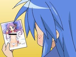  00s 1girl bar_censor bed blue_eyes blue_hair blush bow bow_panties breasts breasts_out censored censored_nipples clothes_lift embarrassed gradient_background hair_ribbon hiiragi_kagami holding izumi_konata long_hair long_sleeves lowres lucky_star lying matching_hair/eyes mole mole_under_eye navel no_pants on_back on_bed orange_background panties parted_bangs photo_(object) pillow purple_hair qvga ribbon school_uniform serafuku shirt shirt_lift sidelocks simple_background sleeve_cuffs small_breasts solo twintails underwear white_panties yuri  rating:Questionable score:6 user:danbooru
