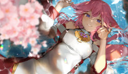 1girl absurdres afloat animal_ears bare_shoulders blurry cherry_blossoms crossed_bangs depth_of_field detached_sleeves dot_nose earrings falling_petals floppy_ears foreshortening fox_ears fox_shadow_puppet genshin_impact gold_necklace gold_trim hair_between_eyes hakama hakama_skirt hand_up highres japanese_clothes jewelry lens_flare light_blush long_hair looking_at_viewer lying_on_water necklace nontraditional_miko parted_lips petals pink_hair purple_eyes red_hakama refraction sake_kasu_big shadow shirt sidelocks single_earring single_hair_intake skirt sleeveless sleeveless_shirt smile sunlight teeth turtleneck white_shirt wide_sleeves yae_miko 