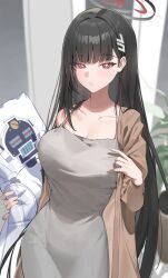  1girl :o absurdres alternate_costume avant_garde_(blue_archive) black_hair blue_archive blush breasts collarbone commentary dakimakura_(object) dongtan_dress dress grey_dress halo highres holding holding_pillow large_breasts long_hair looking_at_viewer meme_attire pillow red_eyes rio_(blue_archive) single_bare_shoulder solo straight_hair very_long_hair yo_owl 