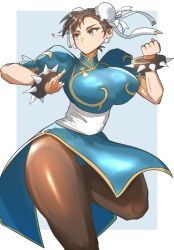 1girl blue_background blue_dress border bracelet breasts brown_eyes brown_hair brown_pantyhose bun_cover capcom china_dress chinese_clothes chun-li clenched_hand cowboy_shot double_bun dress earrings eyebrows eyeshadow fighting_stance frown gin_moku hair_bun highres huge_breasts jewelry large_breasts makeup muscular pantyhose pelvic_curtain puffy_short_sleeves puffy_sleeves sash short_sleeves side_slit solo spiked_bracelet spikes standing standing_on_one_leg street_fighter thick_thighs thighs unitard white_border rating:Sensitive score:44 user:danbooru