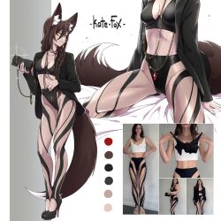  animal_ears black_jacket black_sports_bra brown_hair brown_tail commentary english_commentary fox_ears fox_girl fox_tail gold_necklace high_heels highres jacket jewelry kate-fox looking_at_viewer necklace open_clothes open_jacket original pants real_life slit_pupils sports_bra tail watermark women&#039;s_wallet yellow_eyes 