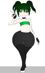  1girl absurdres ass choker curvy female_focus flat_chest gloves green_eyes green_hair highres huge_ass looking_at_viewer pants smile solo strapless tagme thick_thighs thighs tube_top twintails wide_hips zonen404 